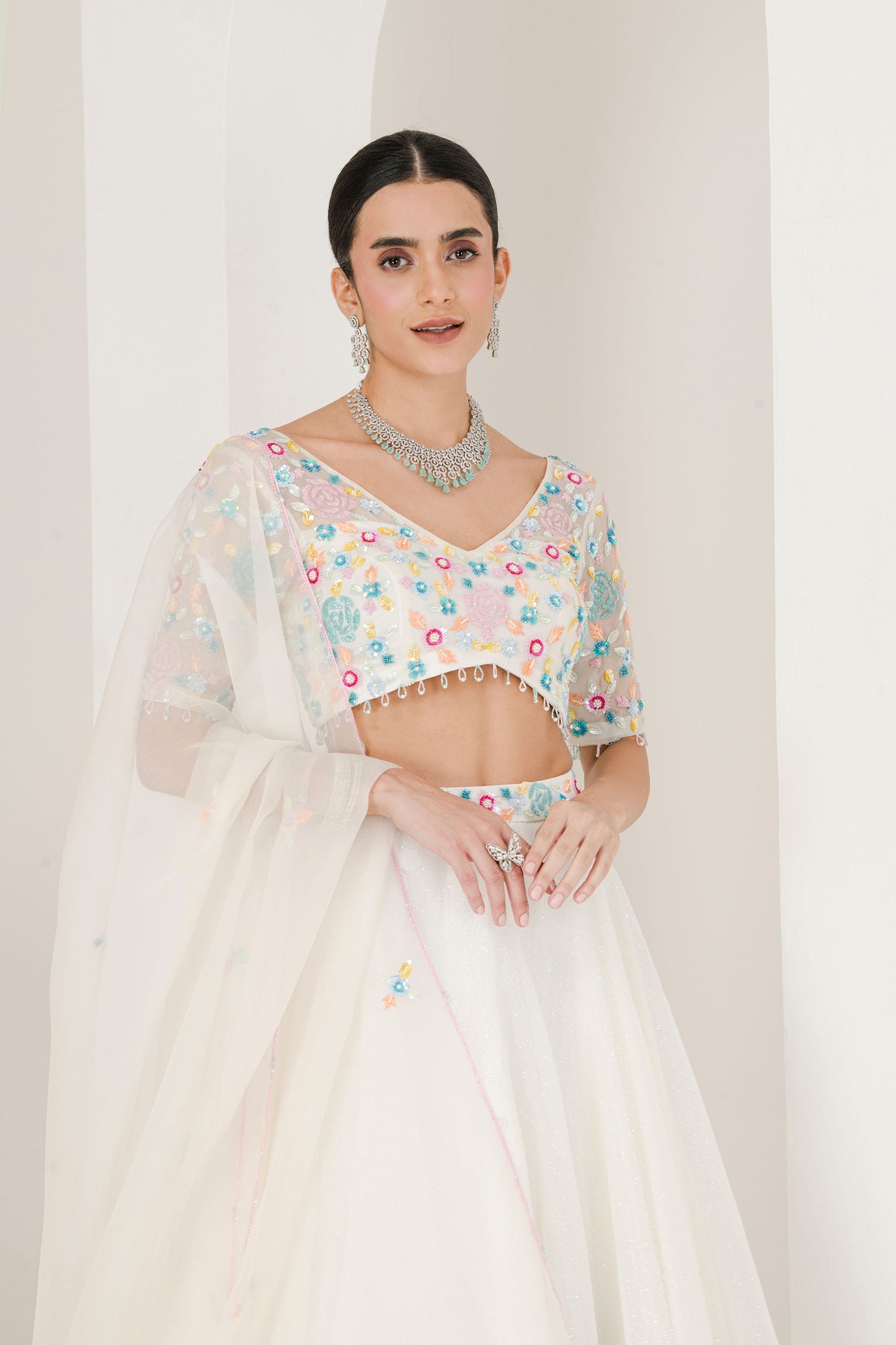White floral hand embroidered lehenga set