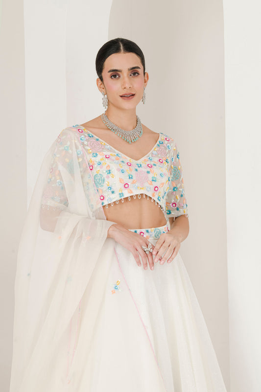 White floral hand embroidered lehenga set
