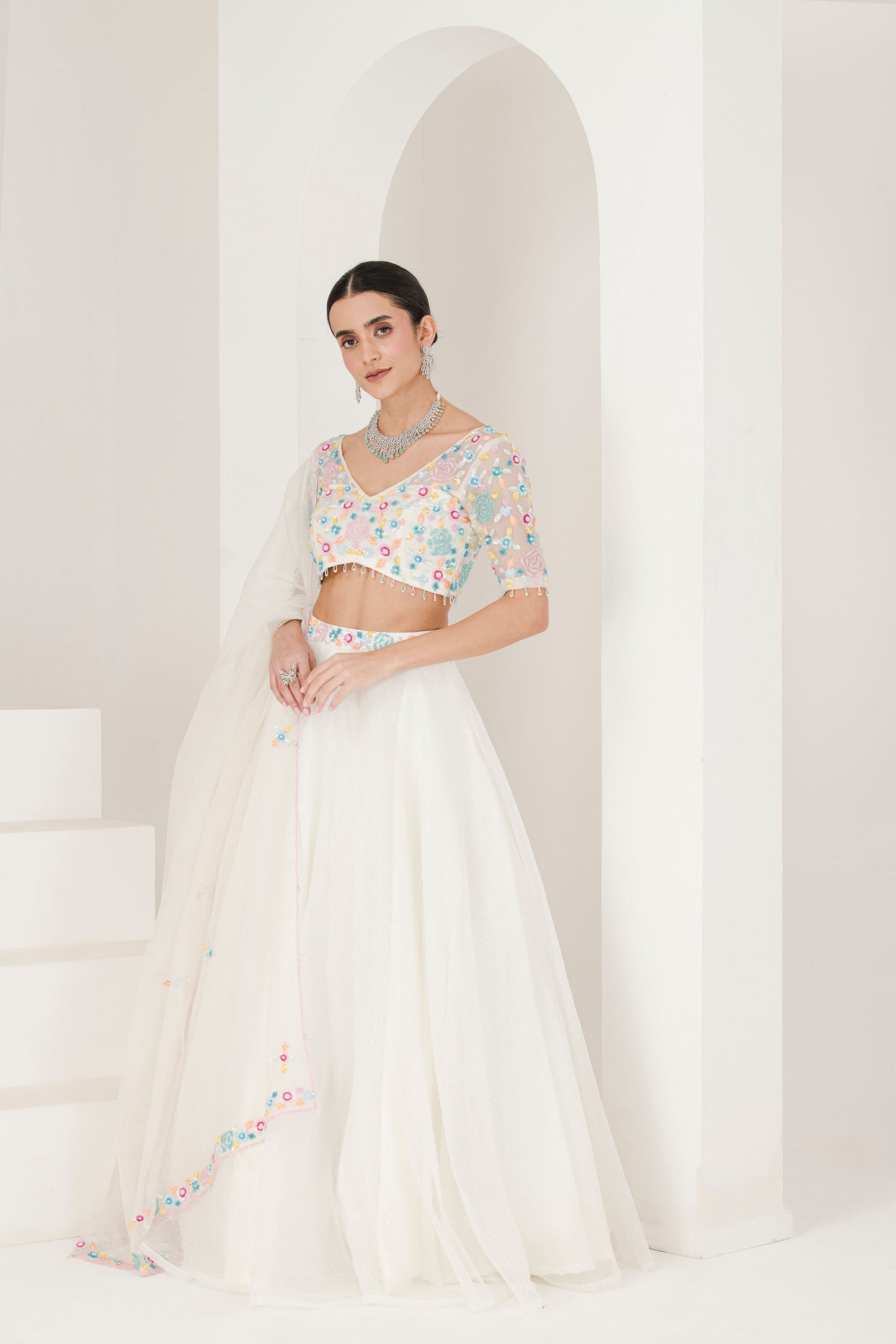 White floral hand embroidered lehenga set