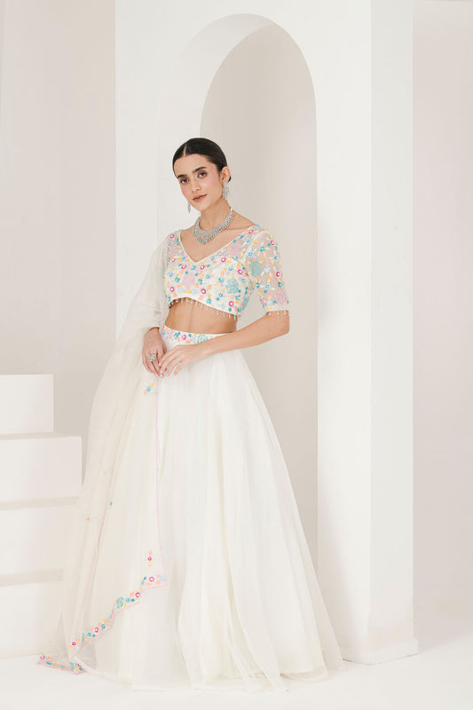 White floral hand embroidered lehenga set