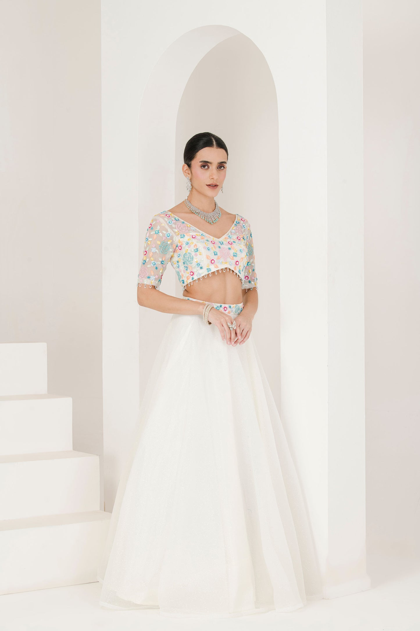 White floral hand embroidered lehenga set