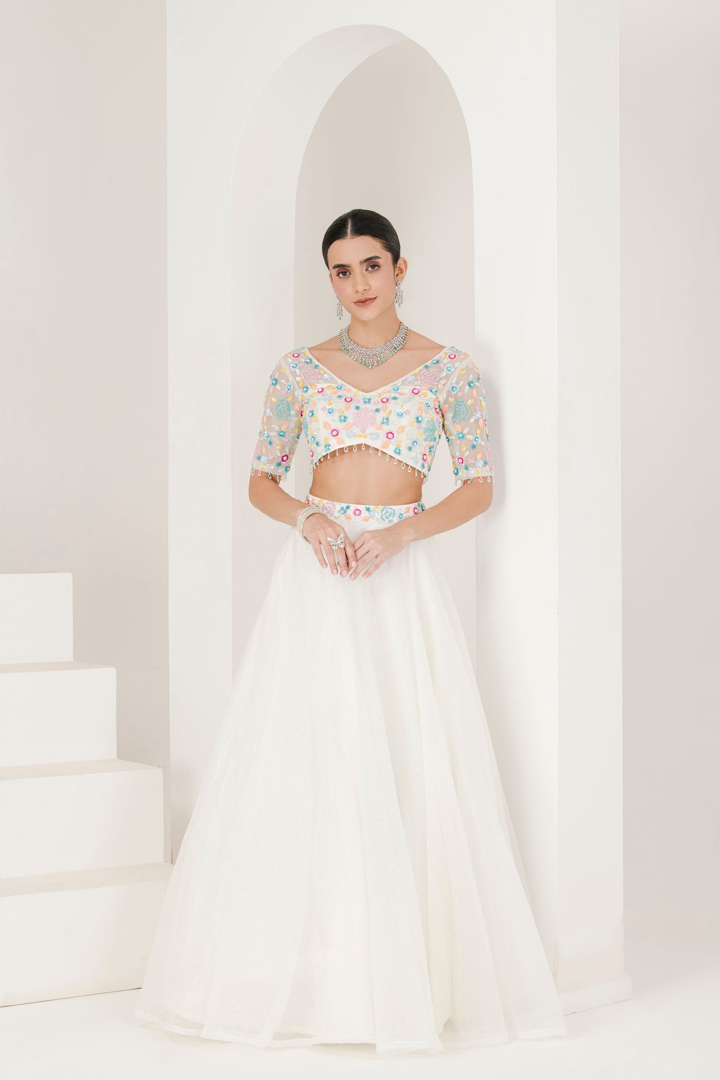 White floral hand embroidered lehenga set