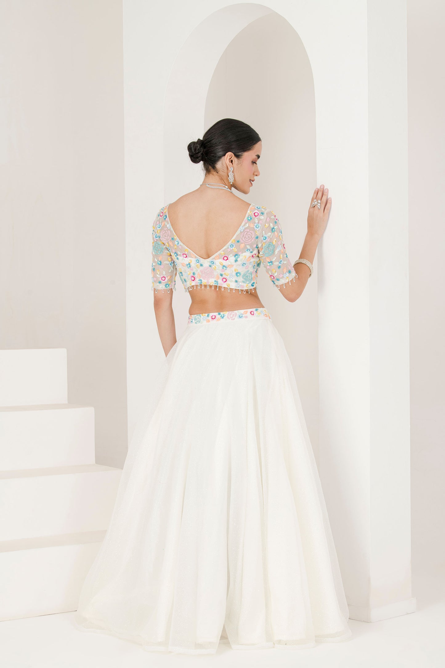White floral hand embroidered lehenga set