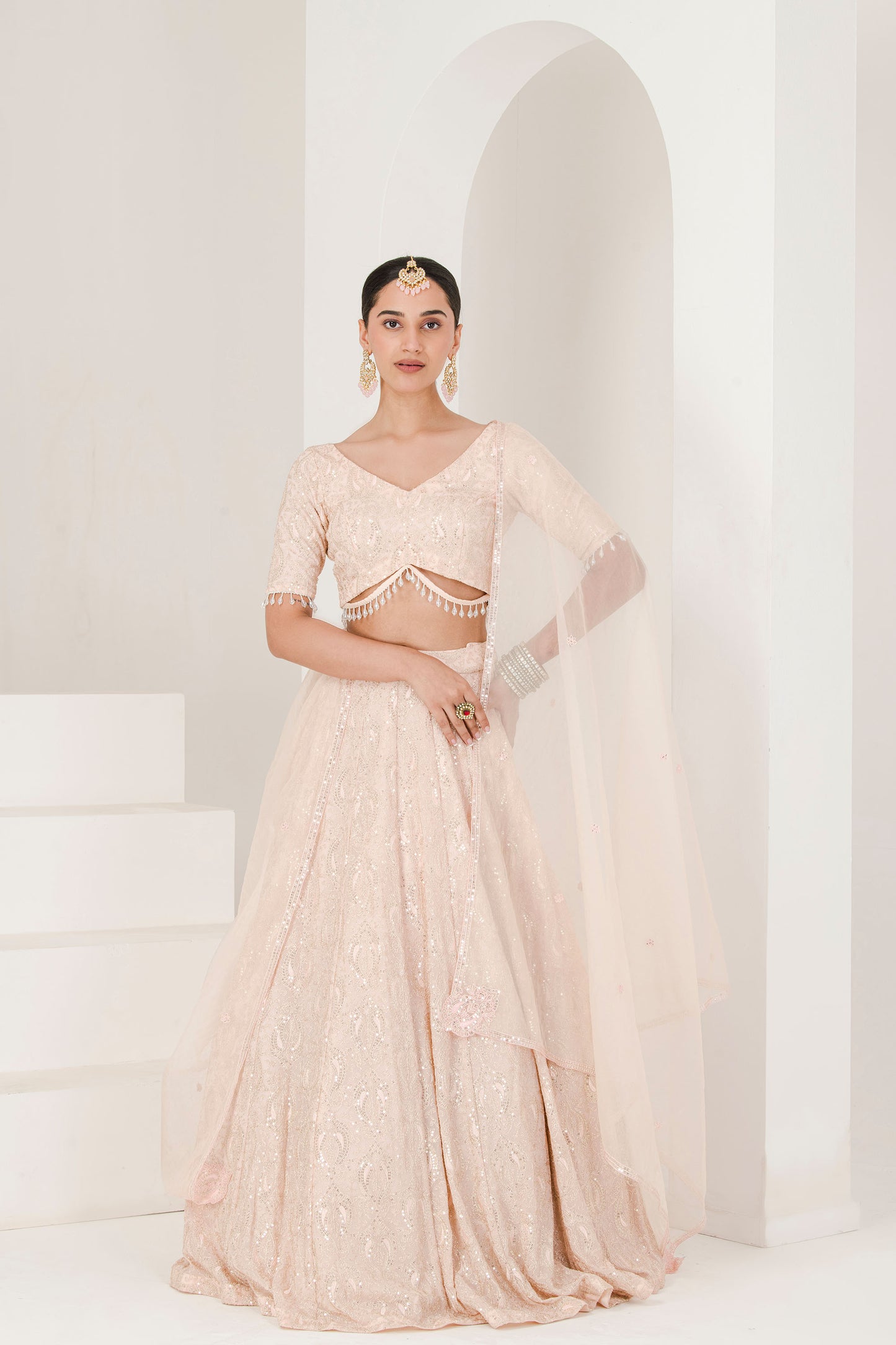 peach chikankari work lehenga set