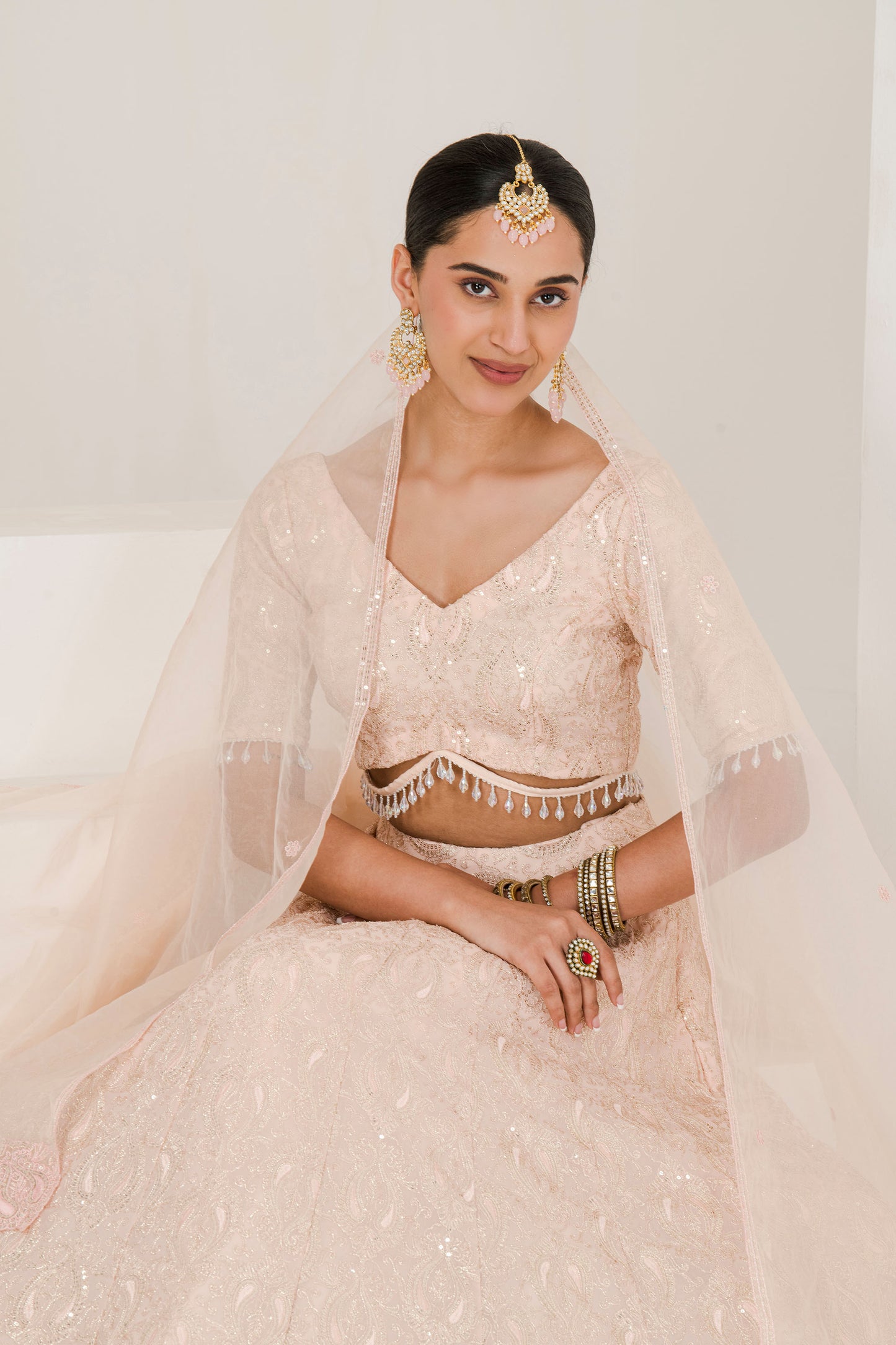peach chikankari work lehenga set