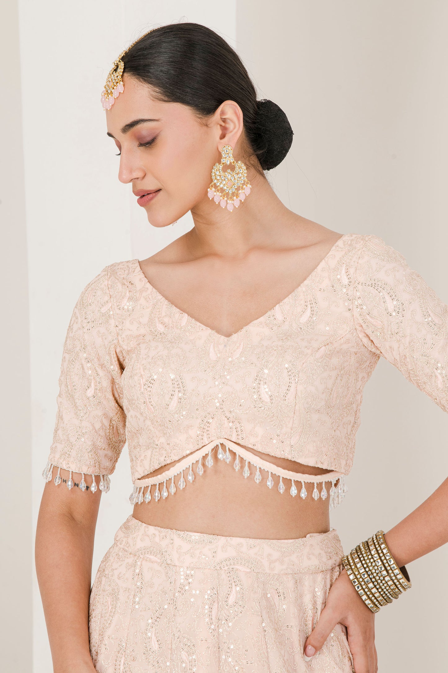 peach chikankari work lehenga set