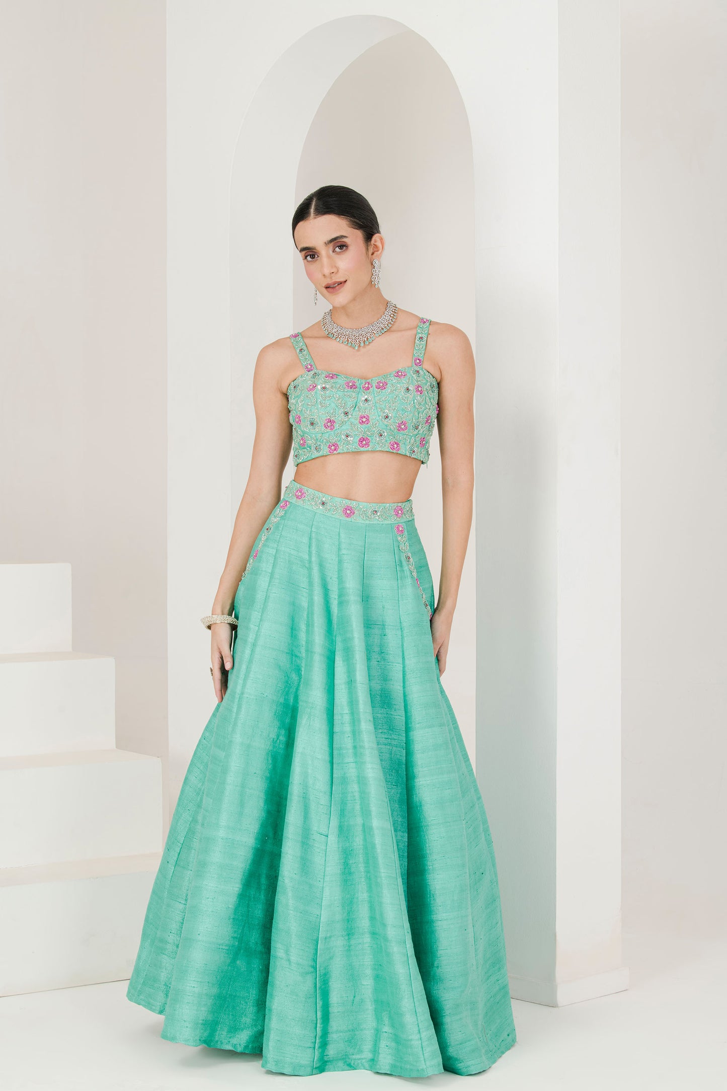 Sea green & ruby pink hand embroidered lehenga set