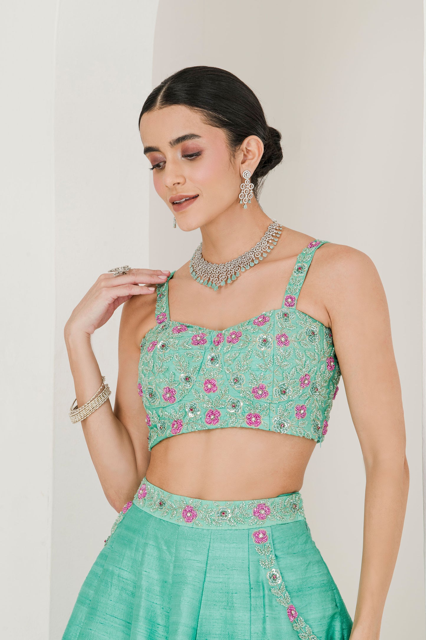 Sea green & ruby pink hand embroidered lehenga set