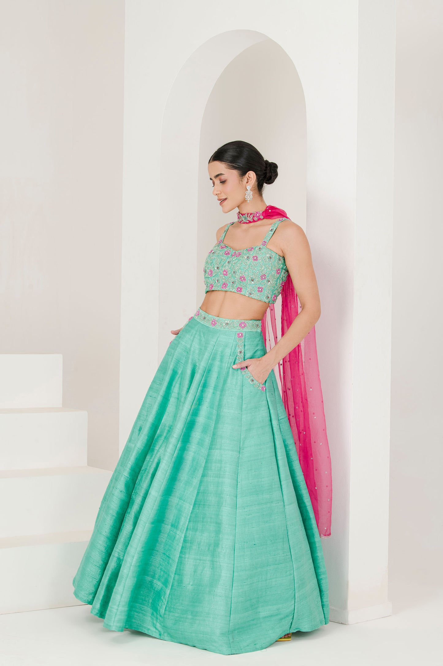 Sea green & ruby pink hand embroidered lehenga set