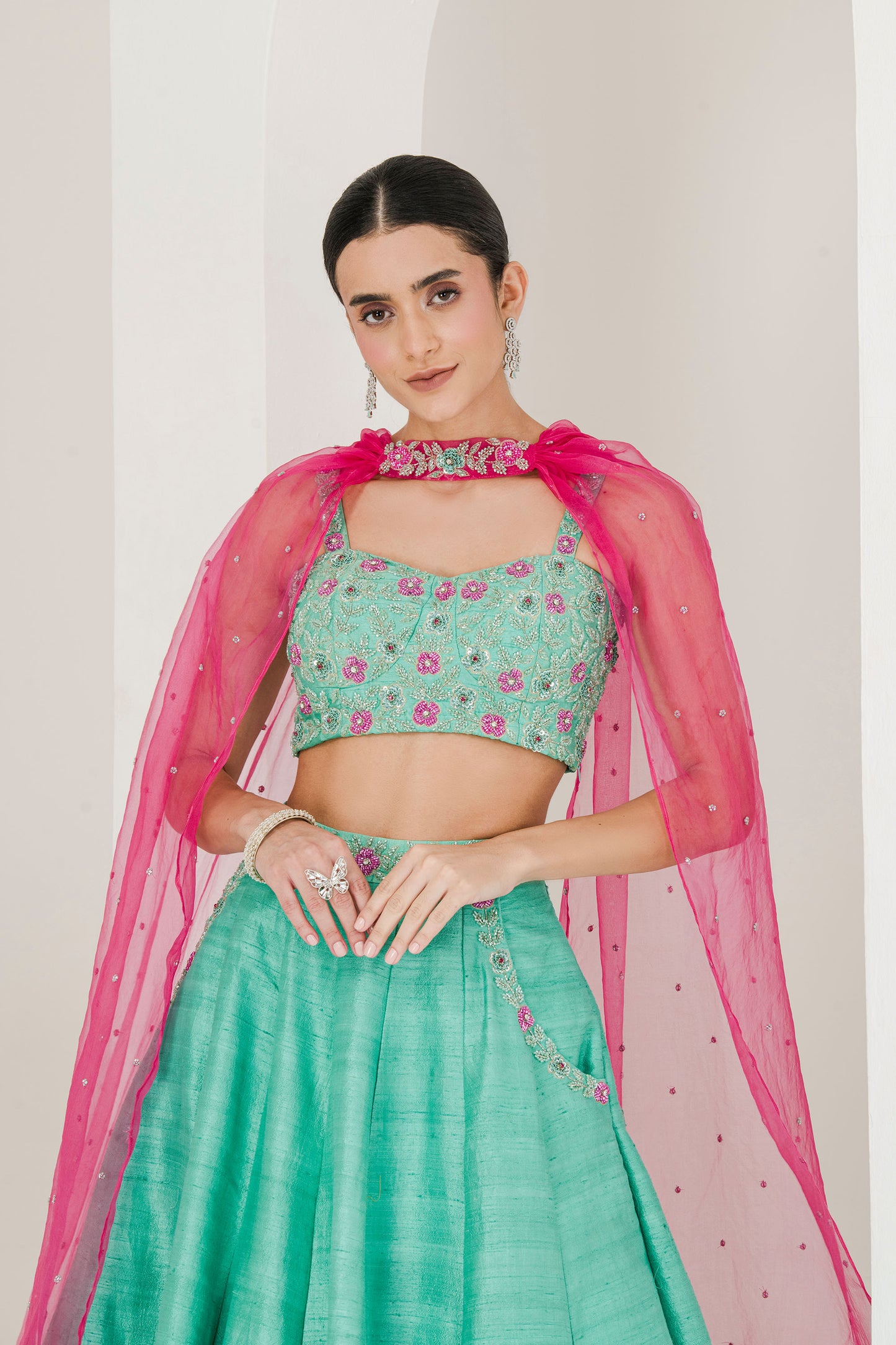 Sea green & ruby pink hand embroidered lehenga set