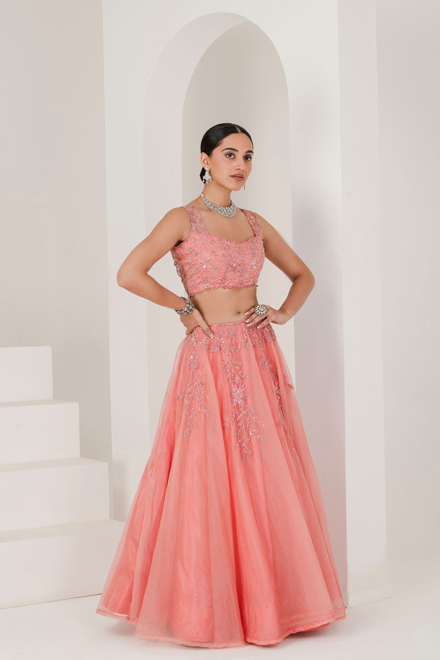 Dusty pink hand embroidered lehenga set