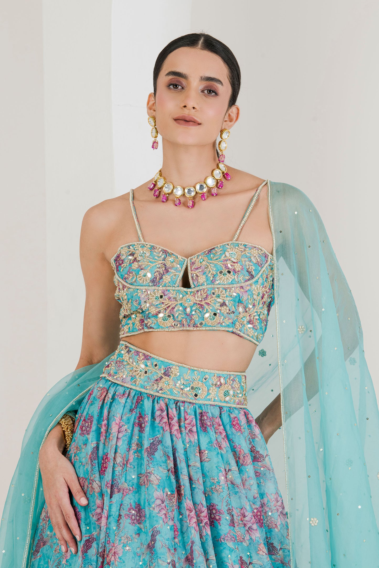 Blue print hand embroidered lehenga set