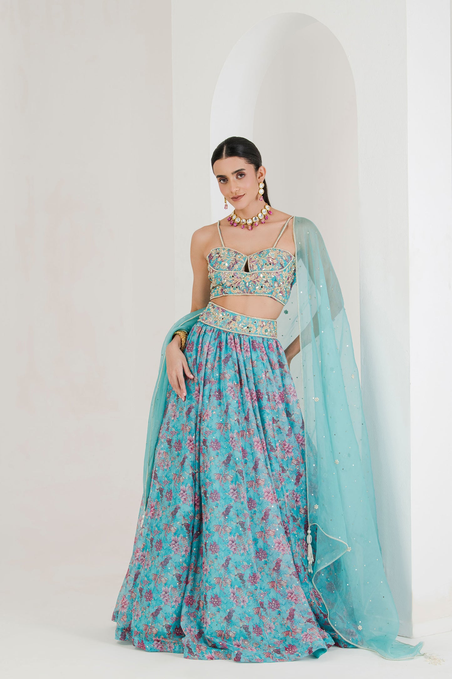 Blue print hand embroidered lehenga set