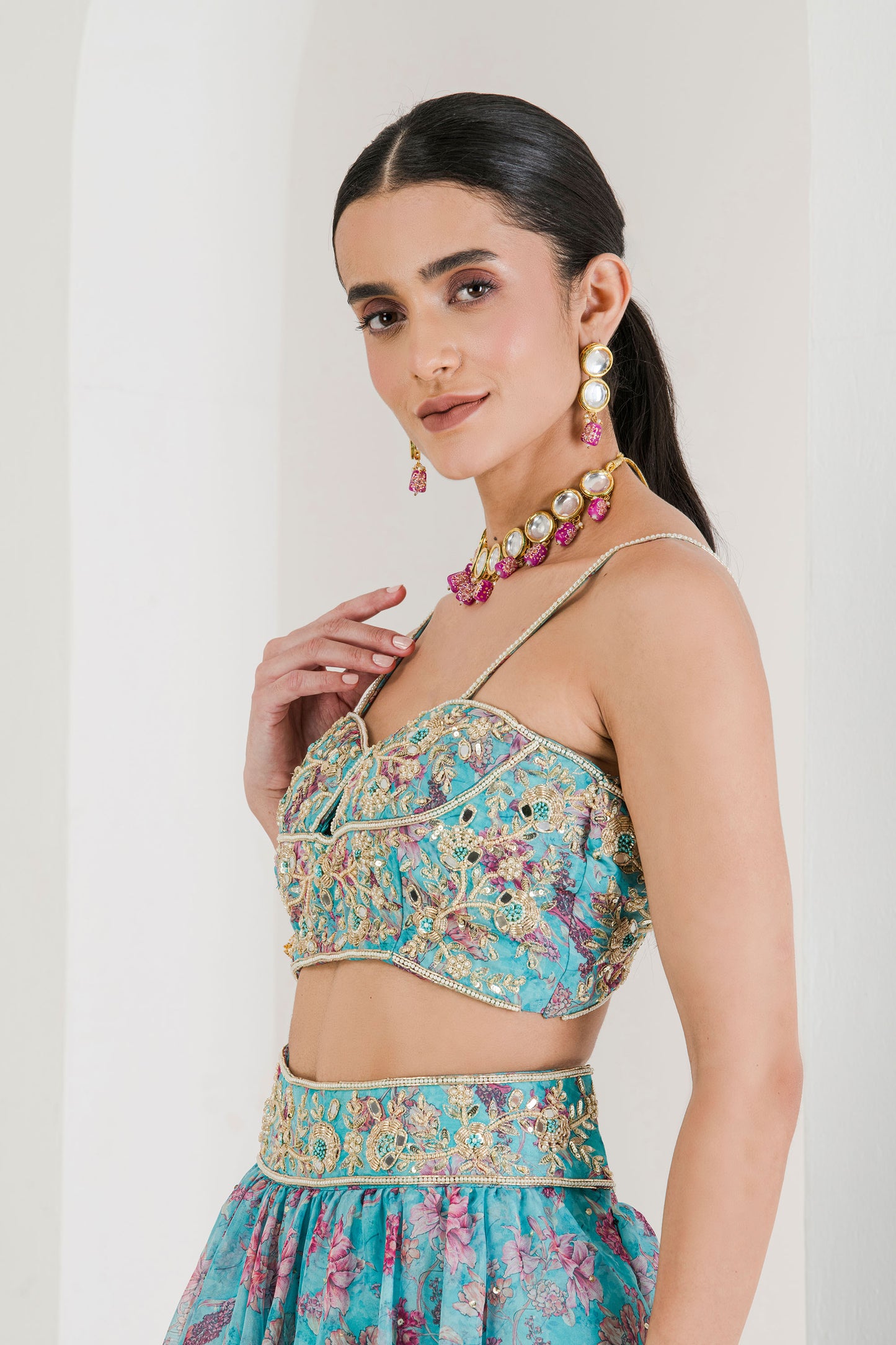 Blue print hand embroidered lehenga set