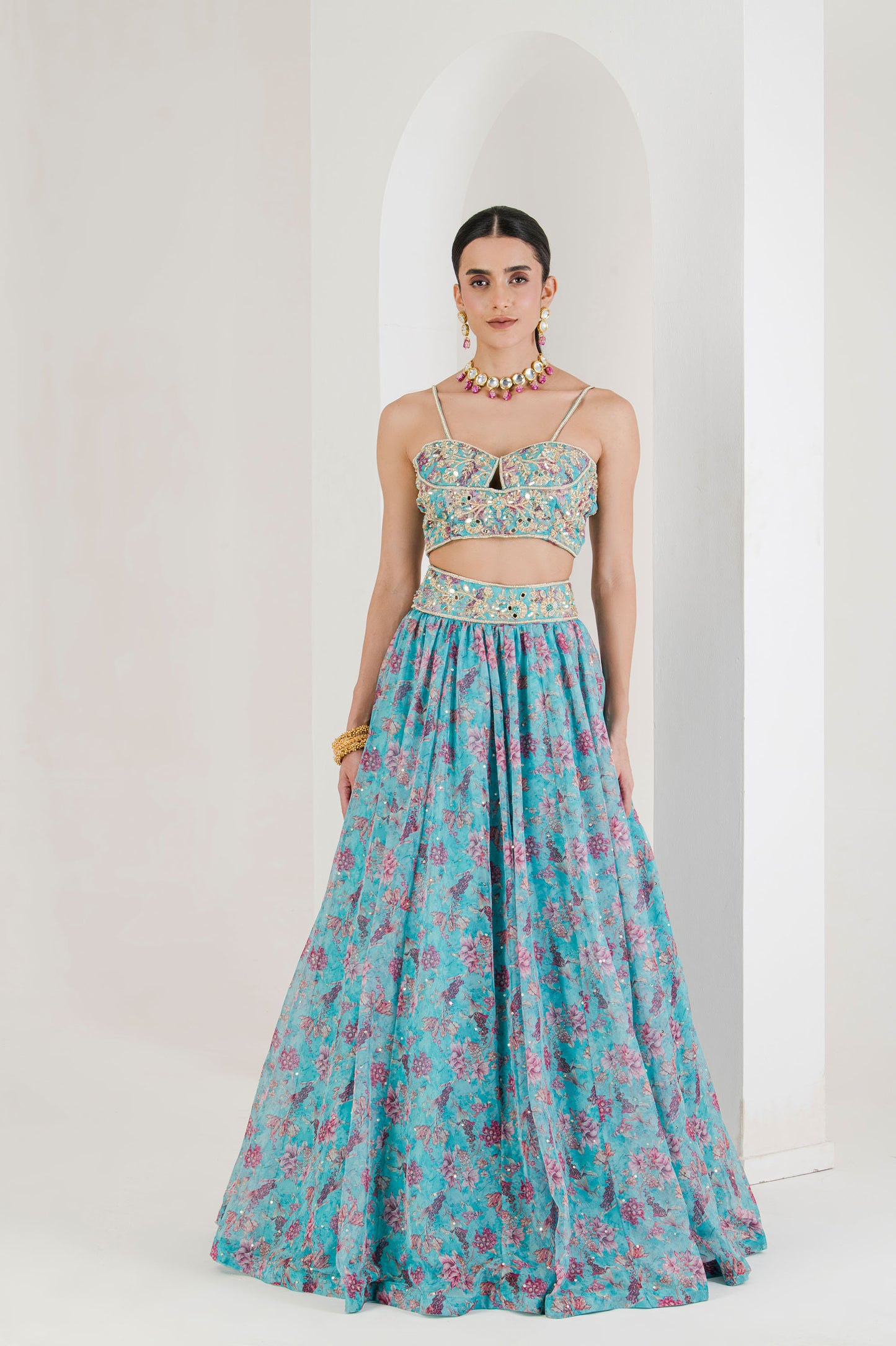Blue print hand embroidered lehenga set