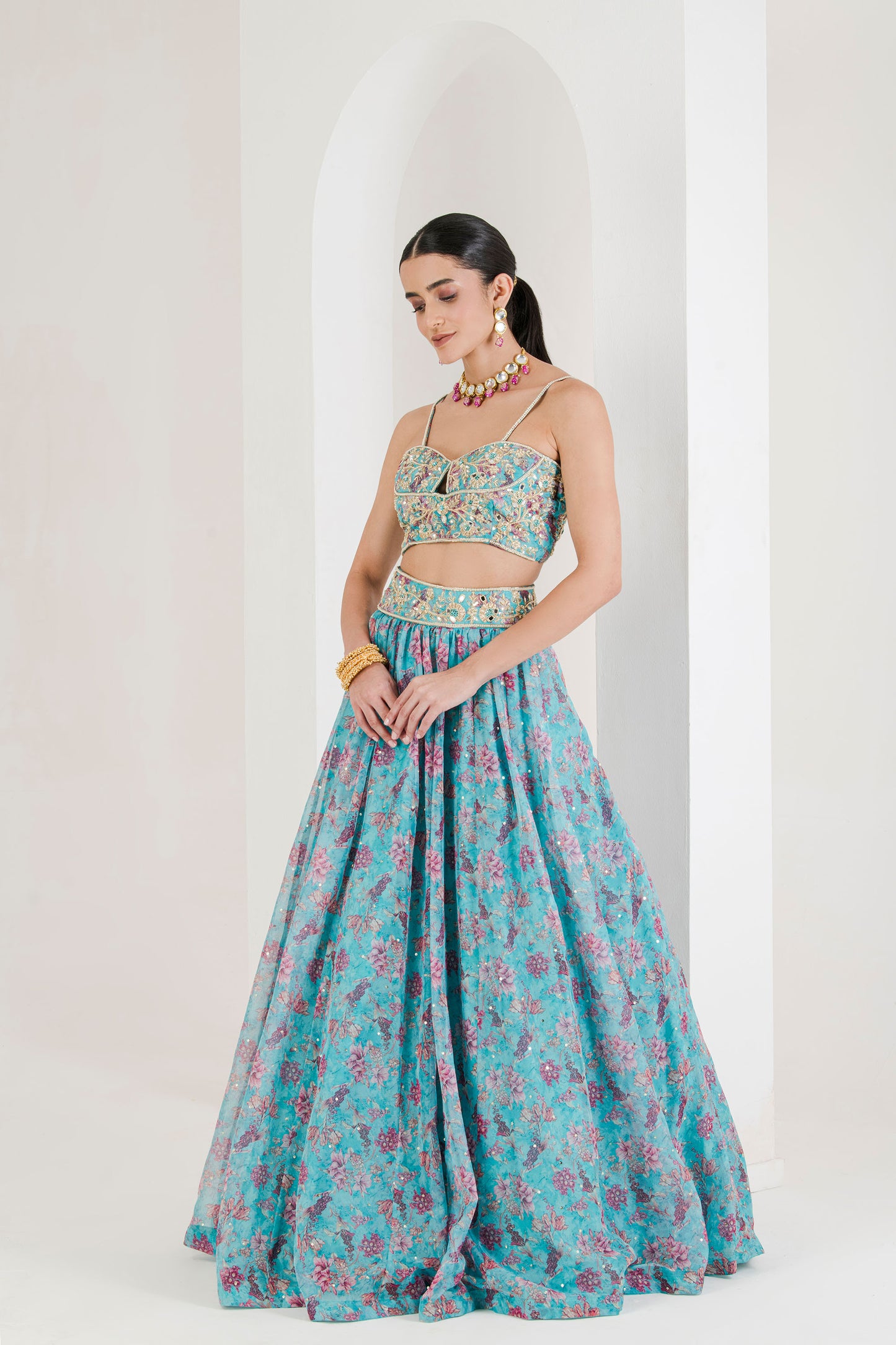 Blue print hand embroidered lehenga set