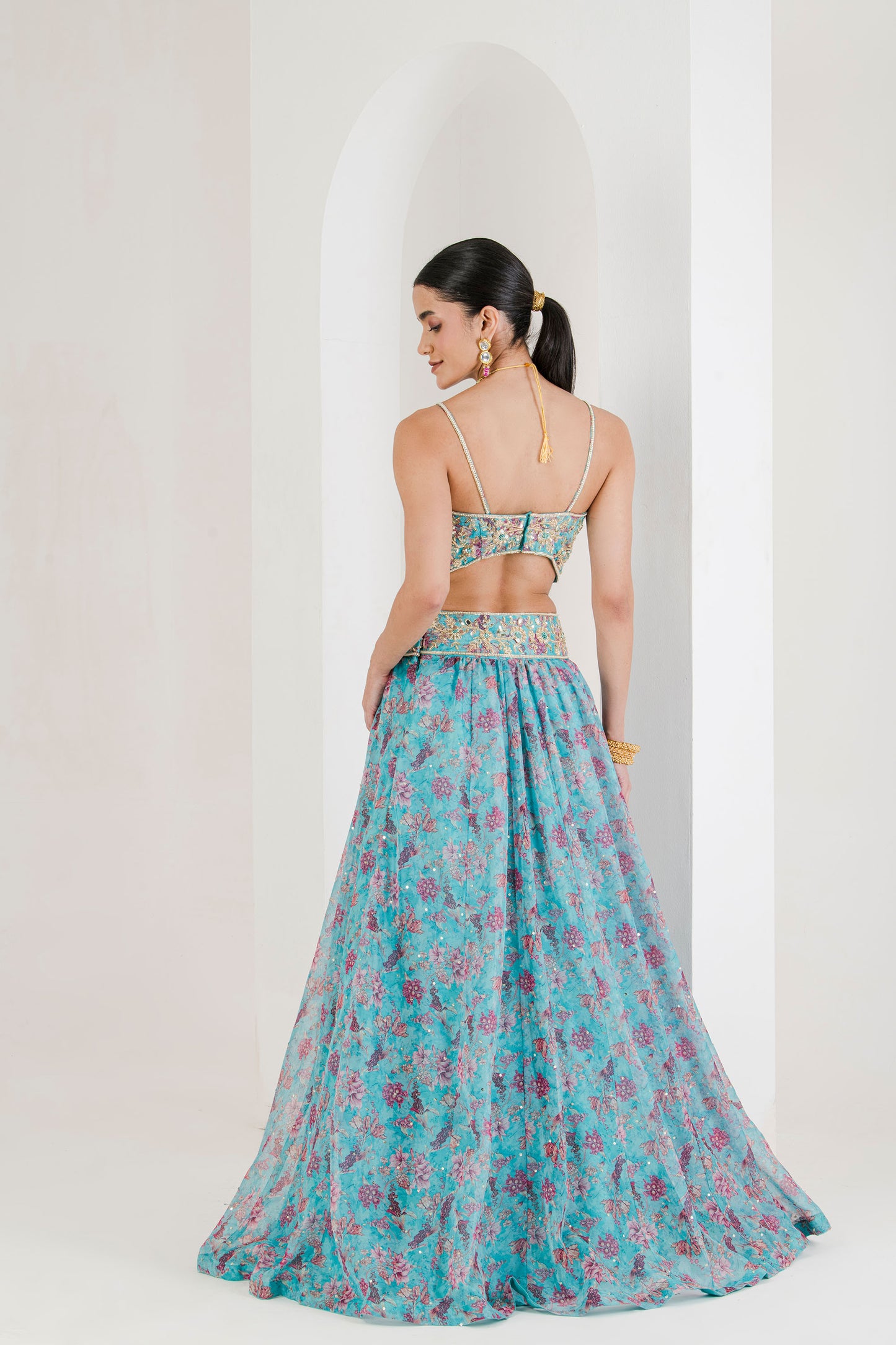 Blue print hand embroidered lehenga set