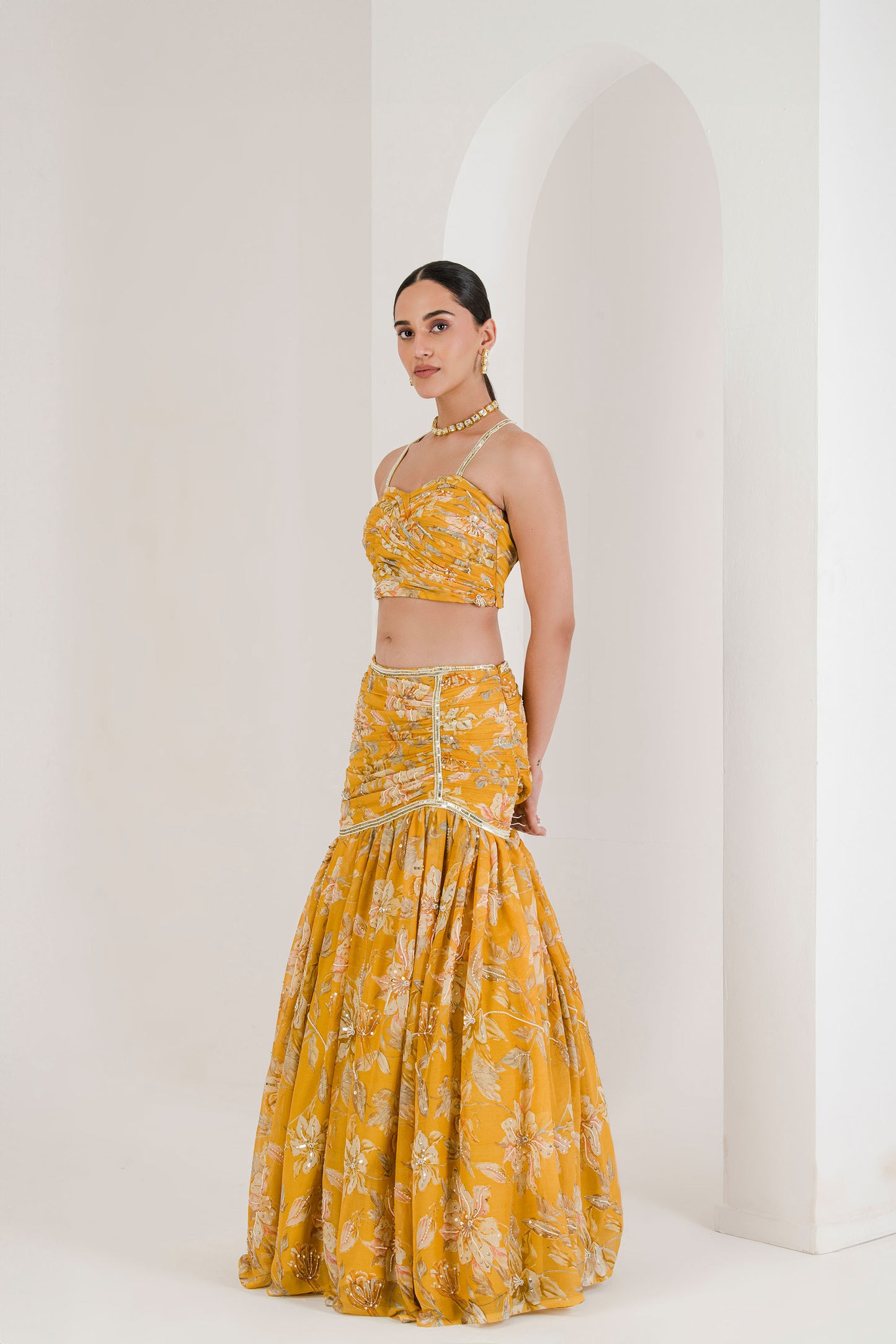 Yellow print draped embroidered lehenga set