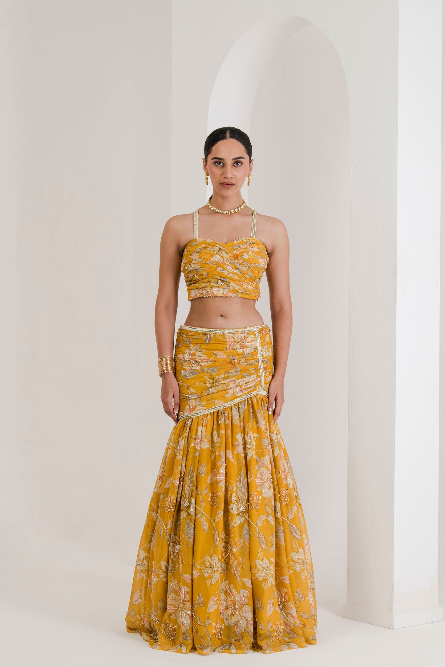 Yellow print draped embroidered lehenga set