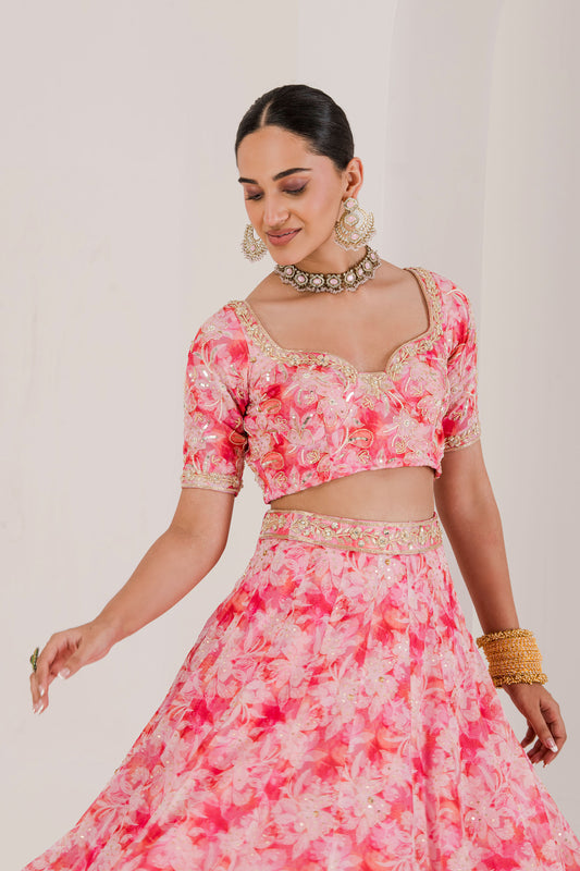 Pink floral print embroidered lehenga set