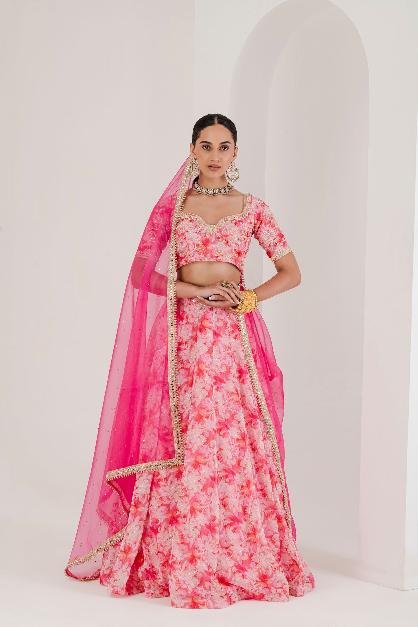 Pink floral print embroidered lehenga set