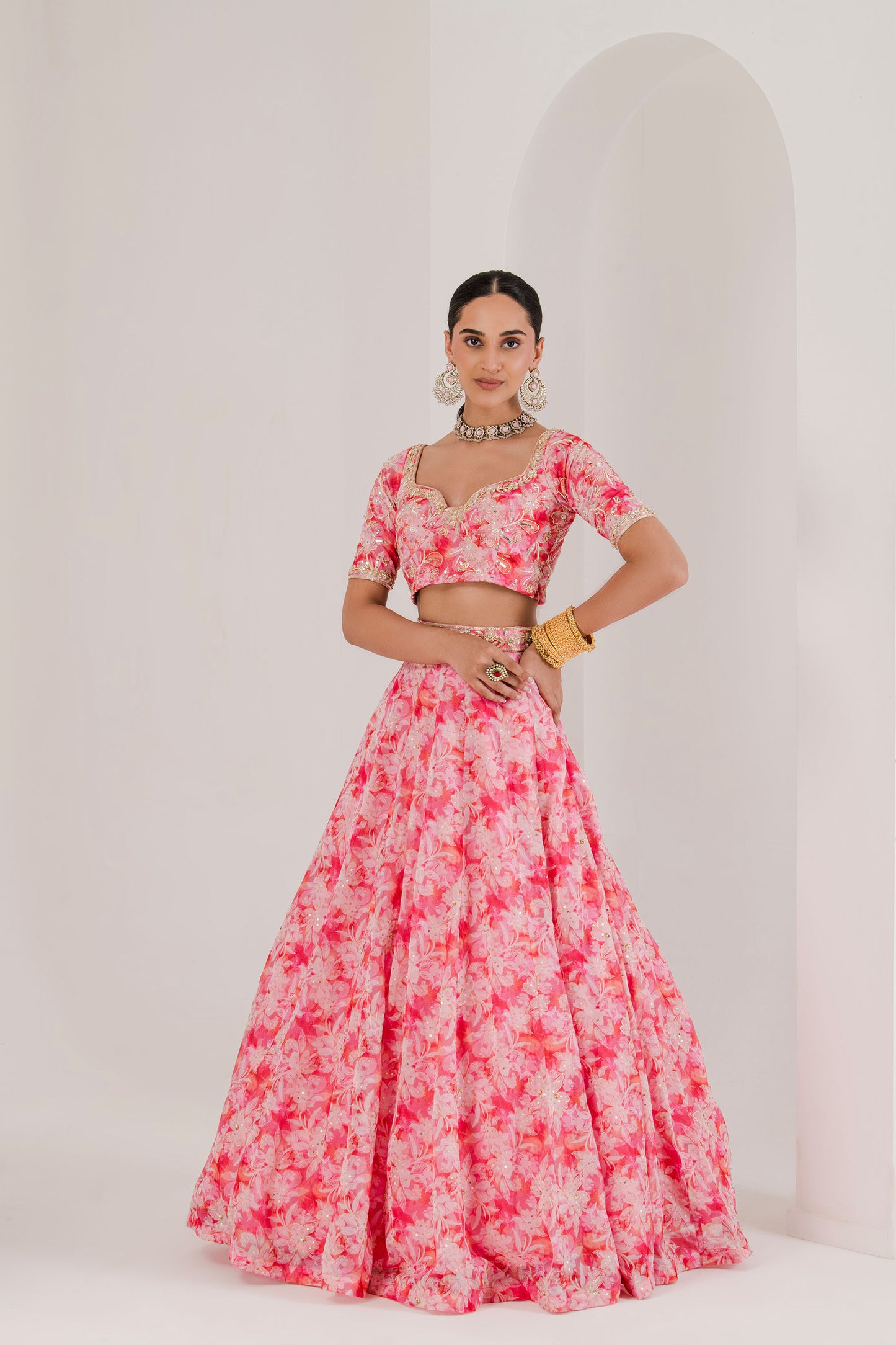 Pink floral print embroidered lehenga set