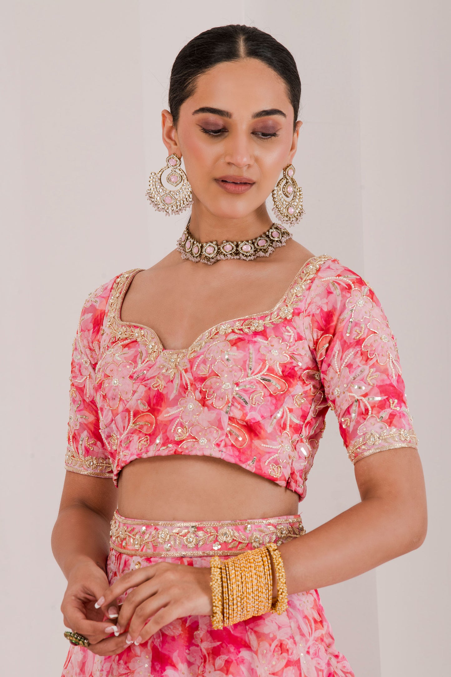 Pink floral print embroidered lehenga set