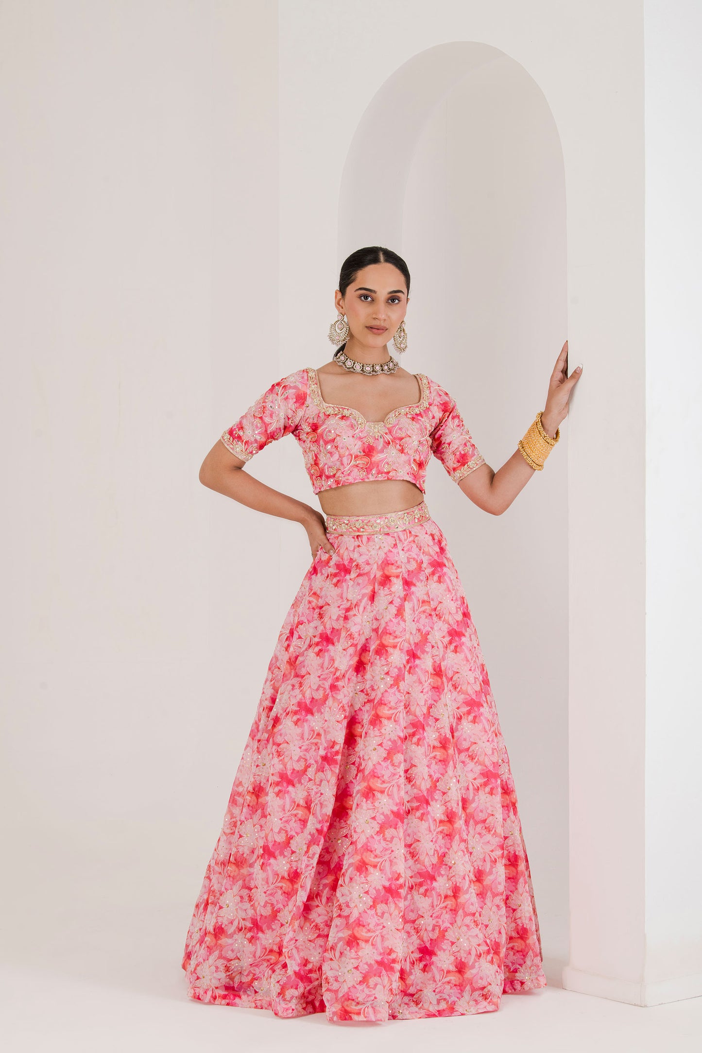 Pink floral print embroidered lehenga set