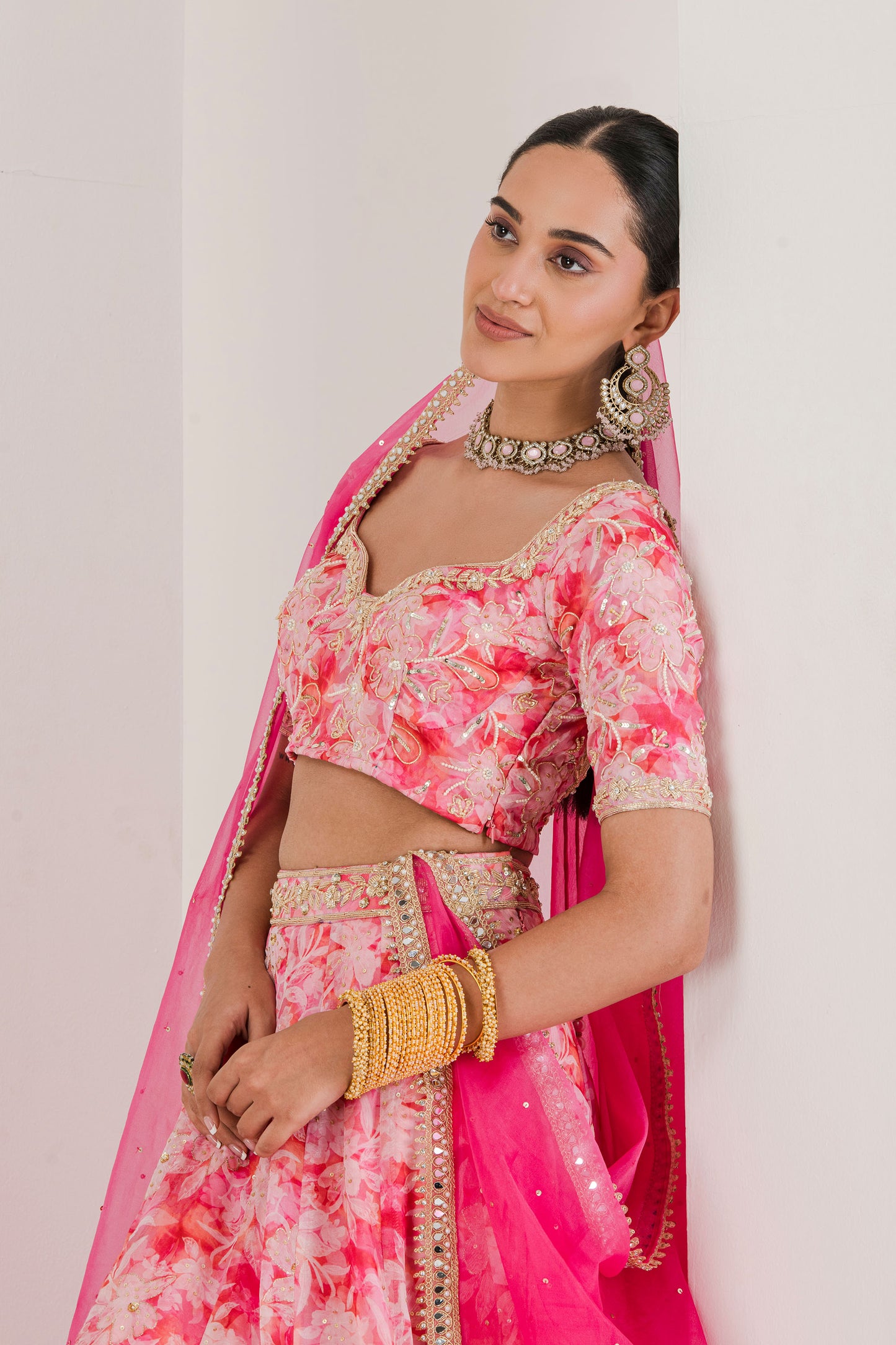 Pink floral print embroidered lehenga set