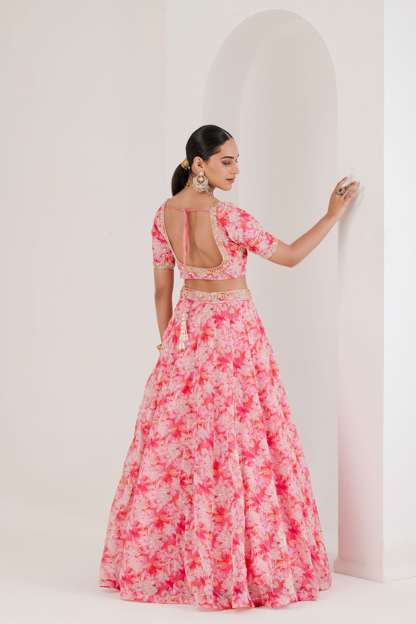 Pink floral print embroidered lehenga set