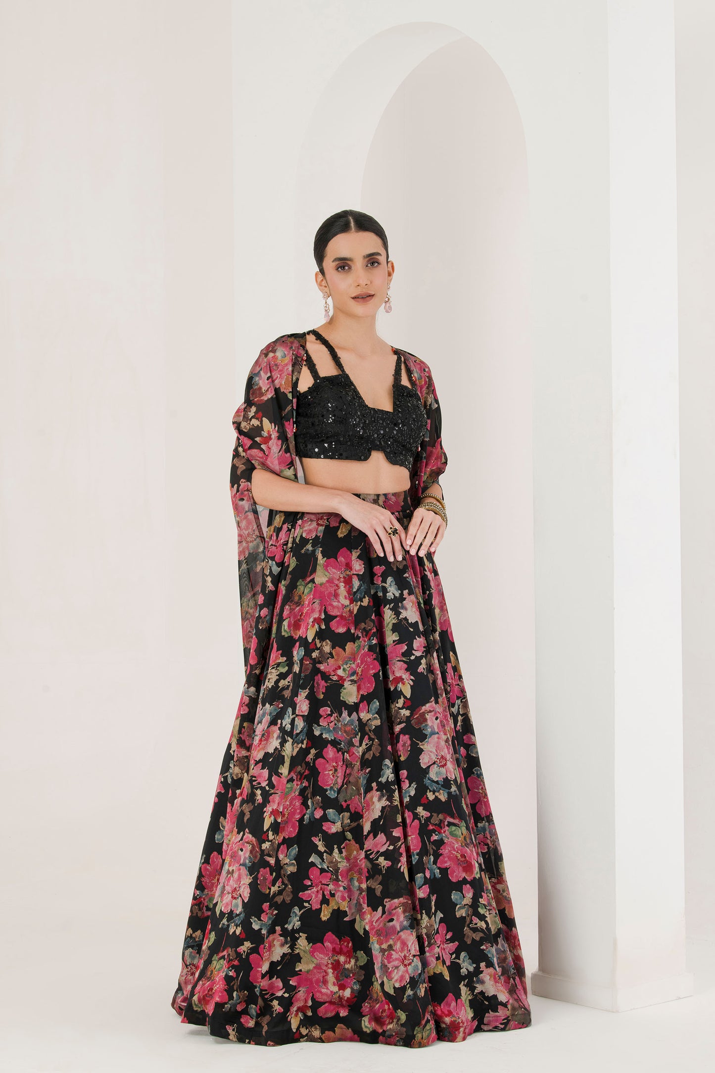 Black floral print lehenga with cape