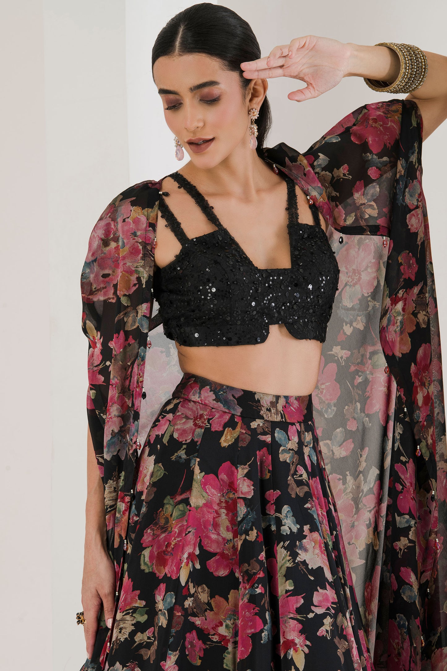 Black floral print lehenga with cape