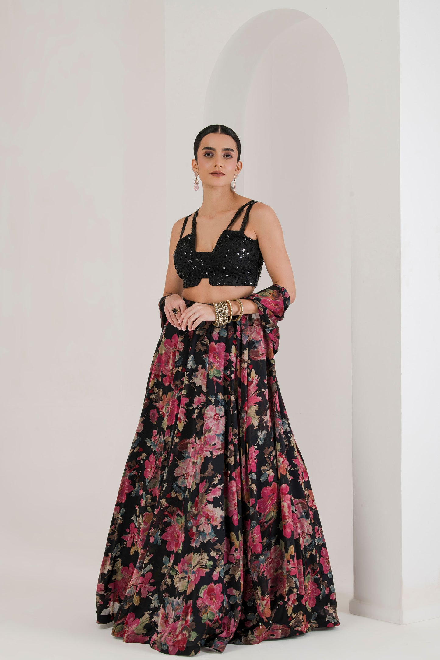 Black floral print lehenga with cape