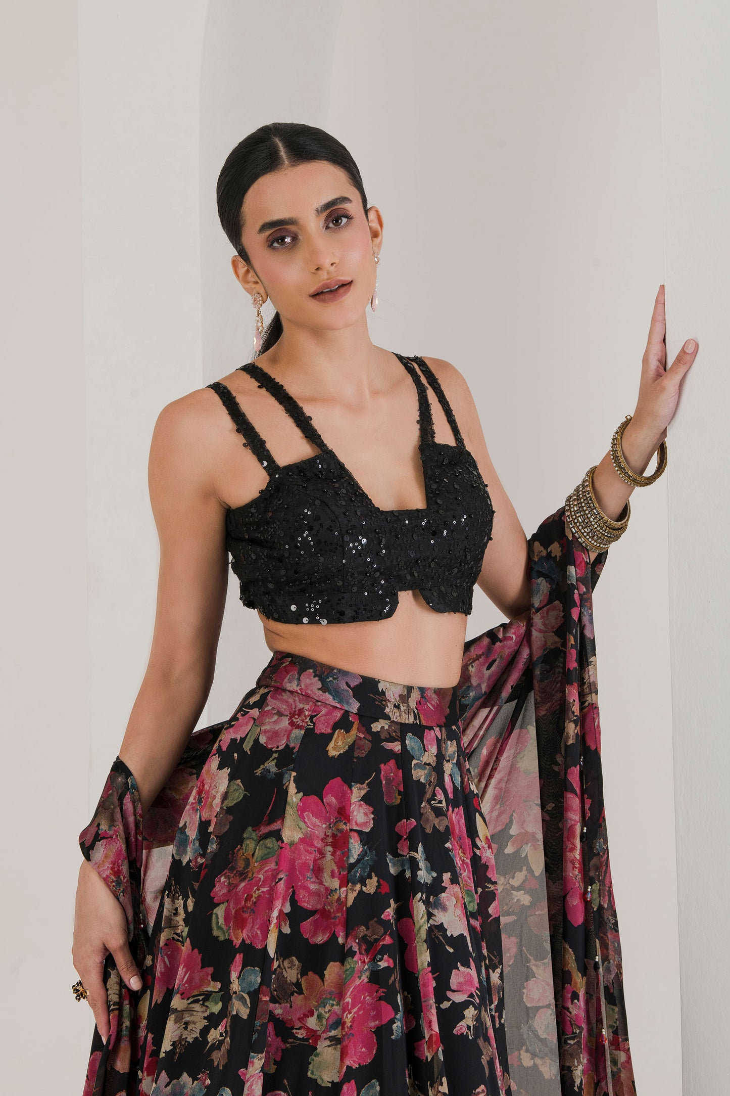 Black floral print lehenga with cape