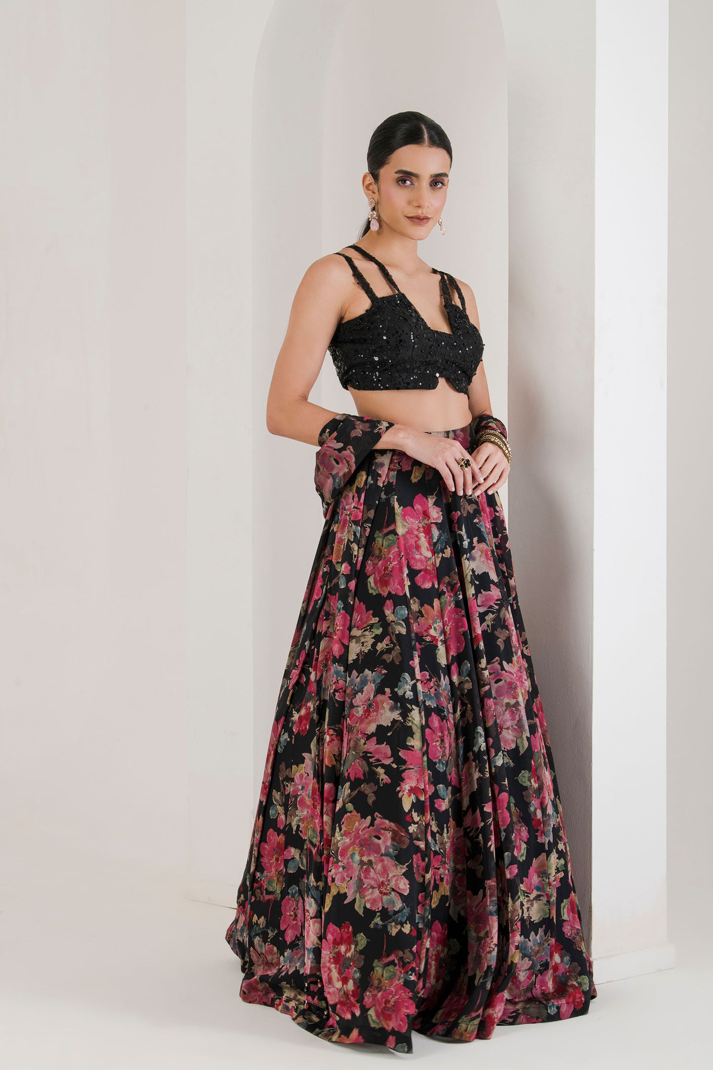 Black floral print lehenga with cape
