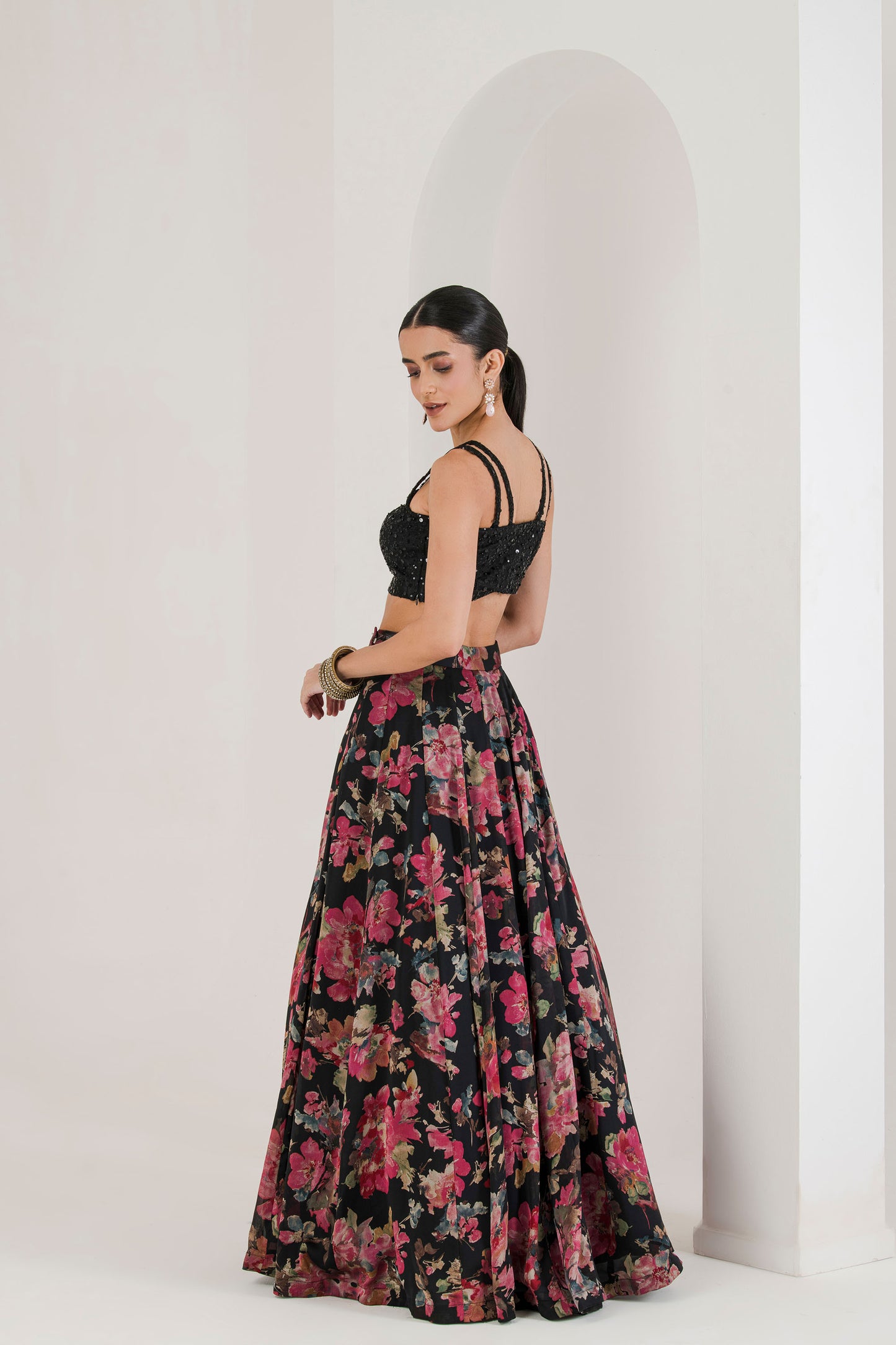Black floral print lehenga with cape