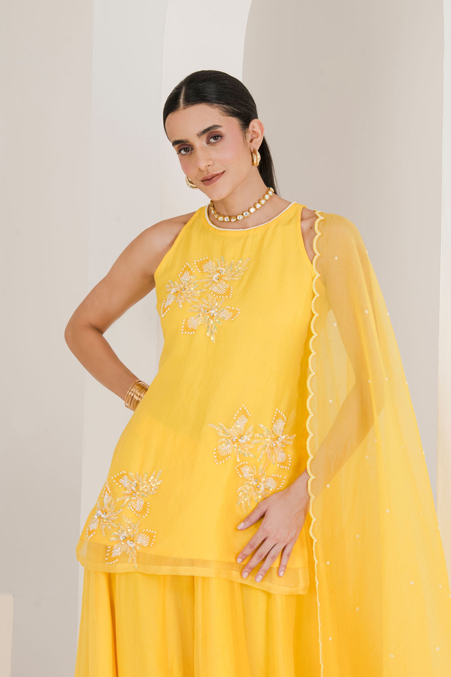 sunshine yellow hand embroidered sharara set