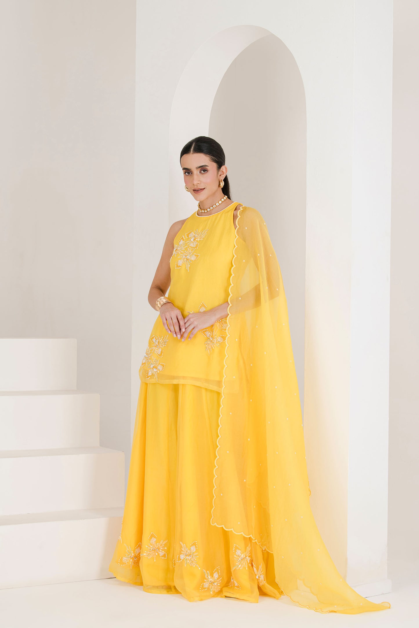 sunshine yellow hand embroidered sharara set