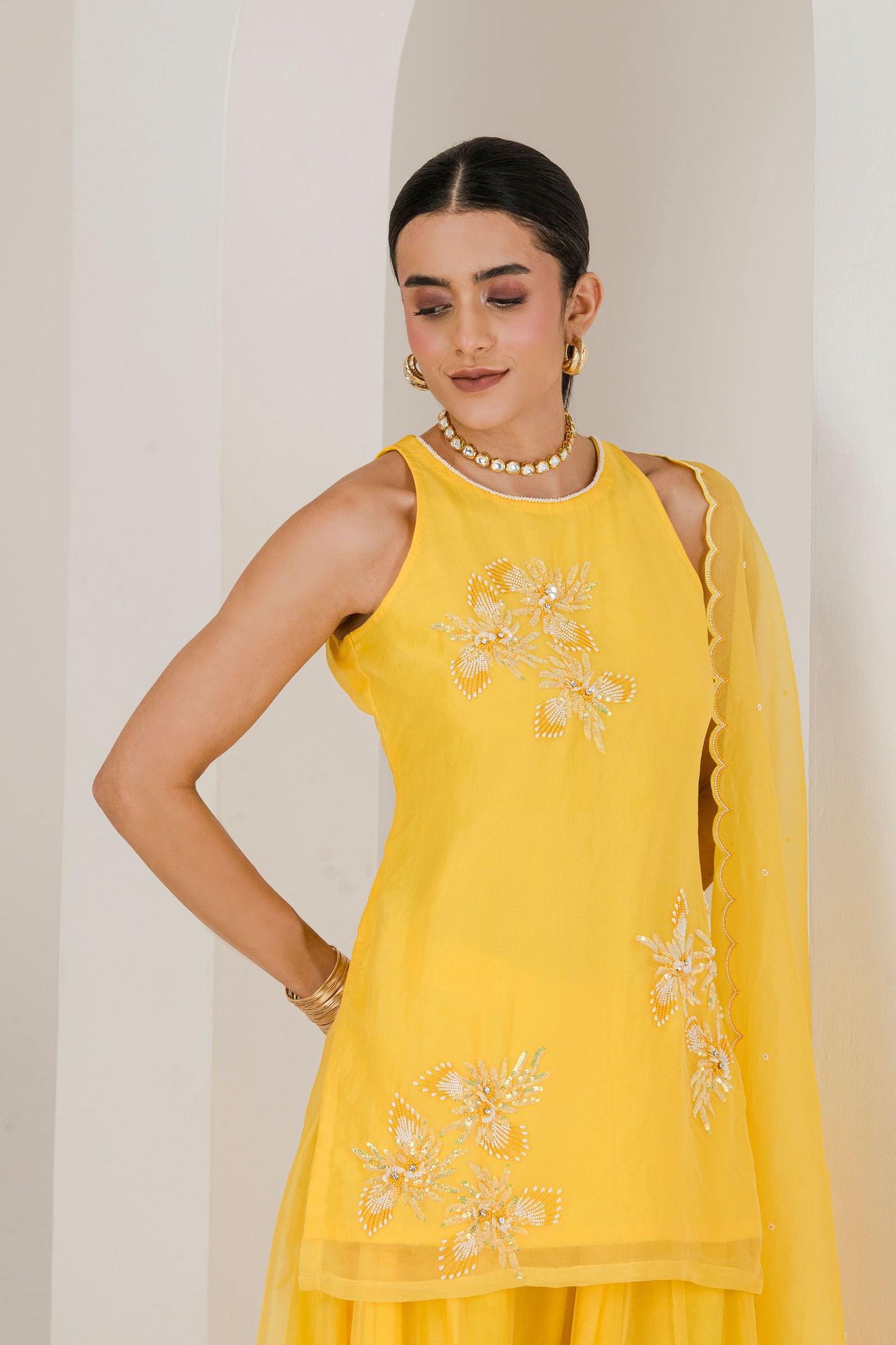 sunshine yellow hand embroidered sharara set