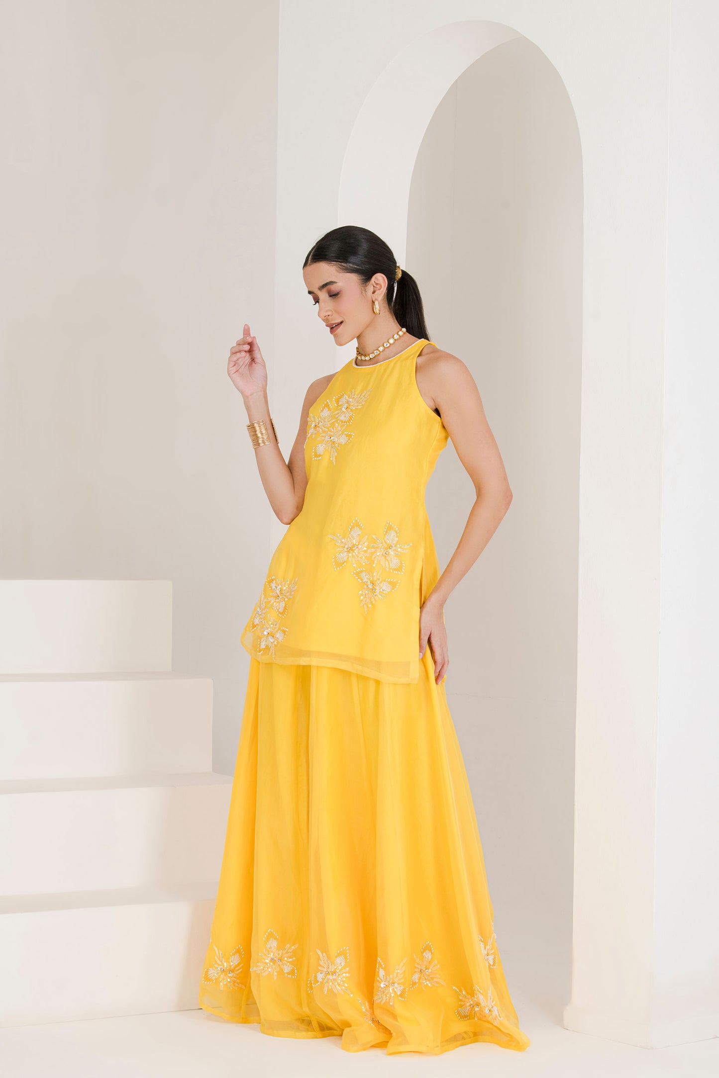 sunshine yellow hand embroidered sharara set