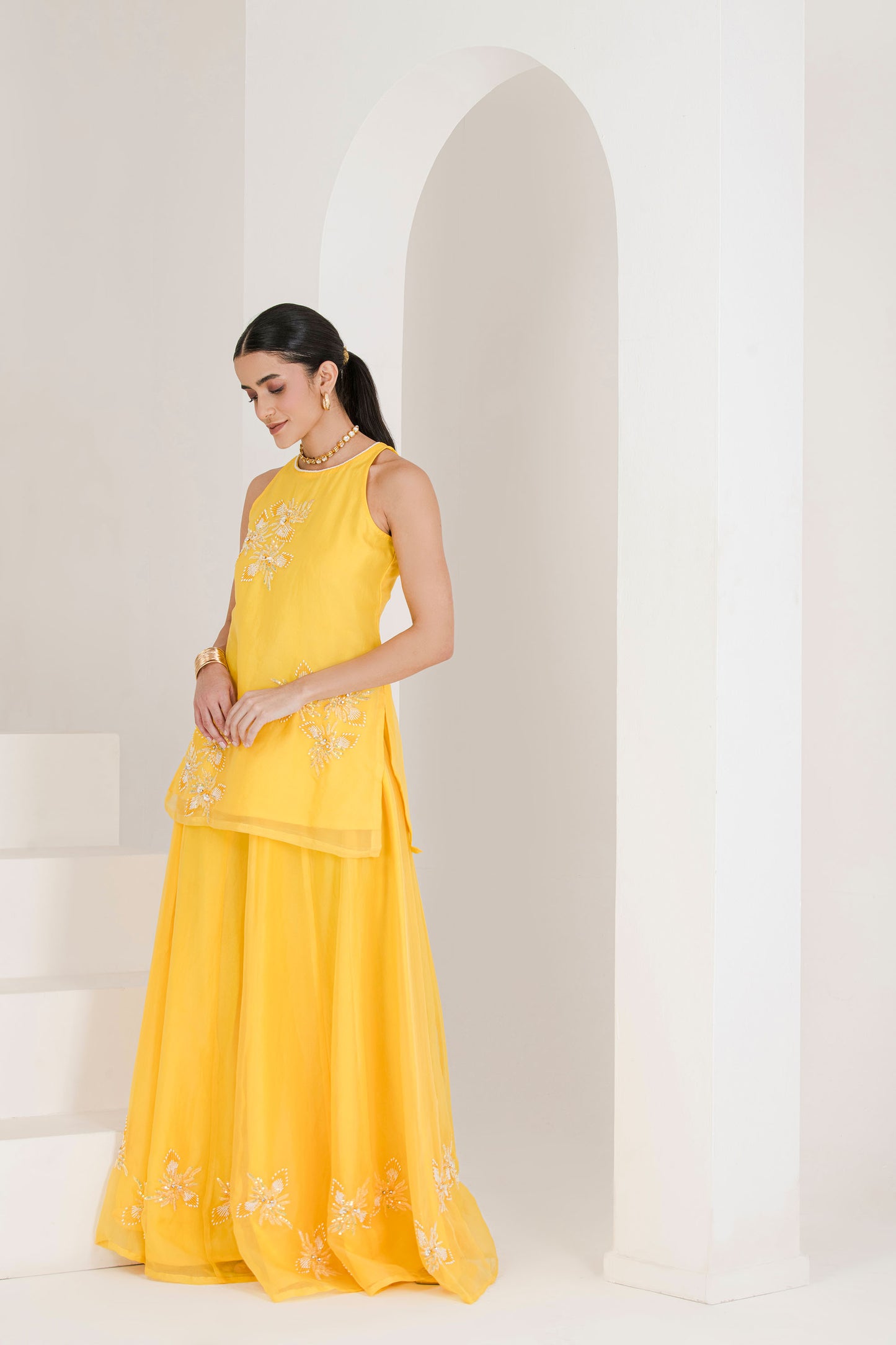 sunshine yellow hand embroidered sharara set
