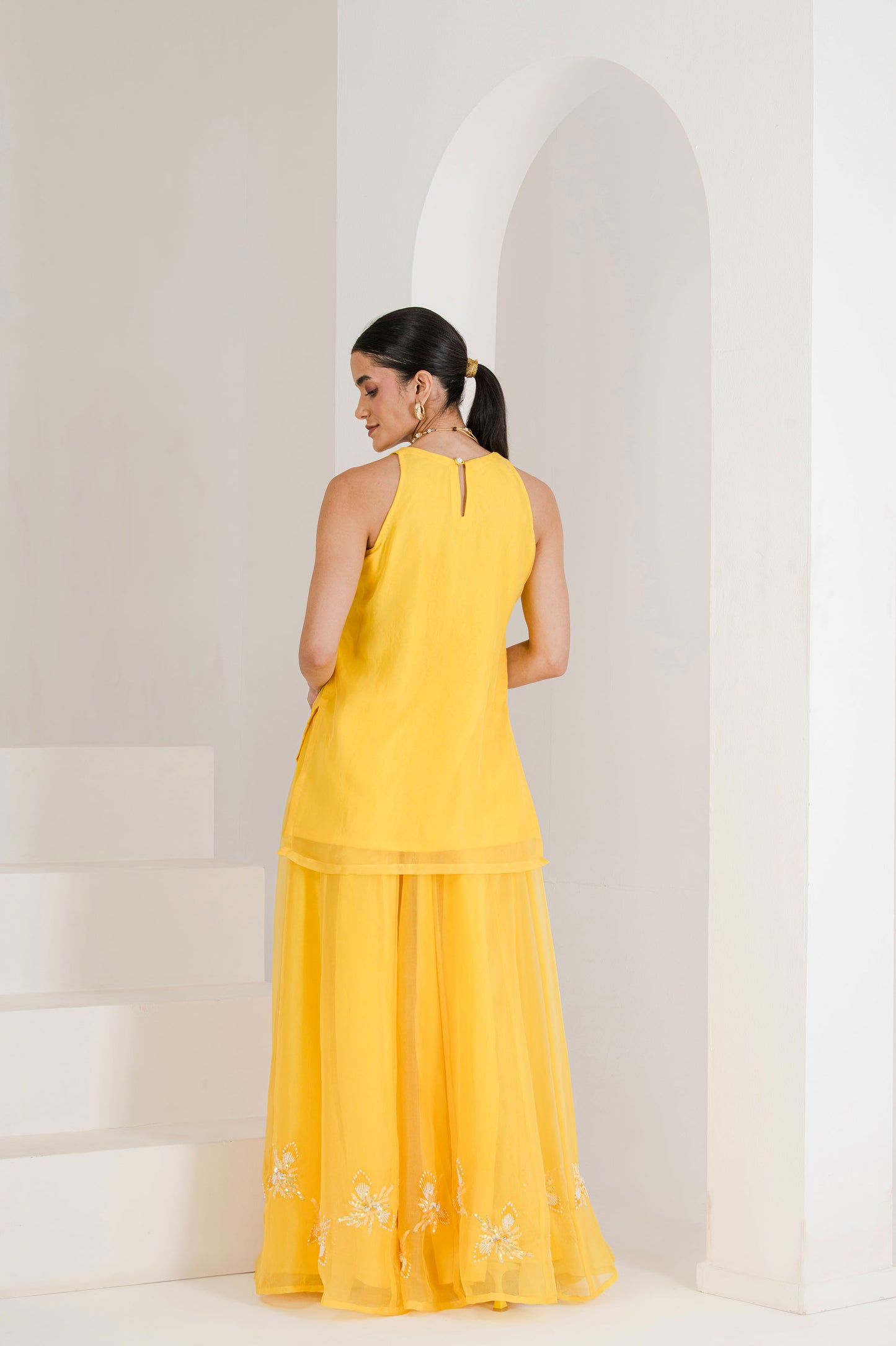 sunshine yellow hand embroidered sharara set