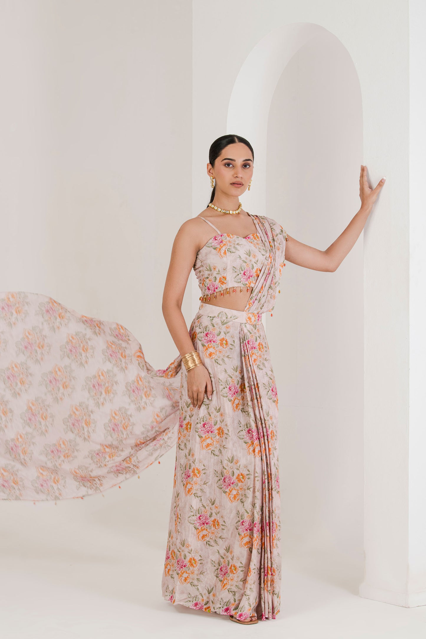 Blush pink floral print pre stitched saree