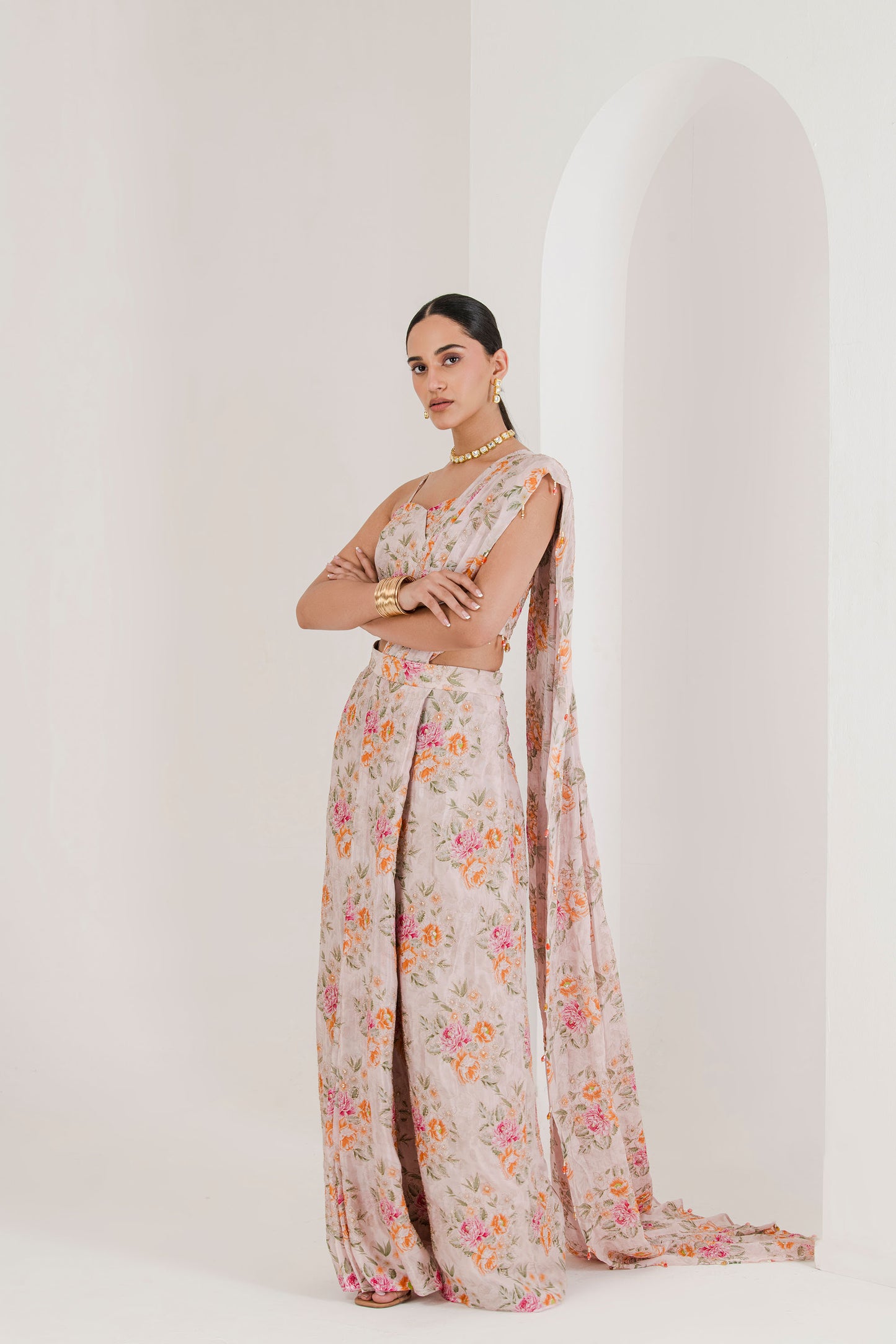 Blush pink floral print pre stitched saree