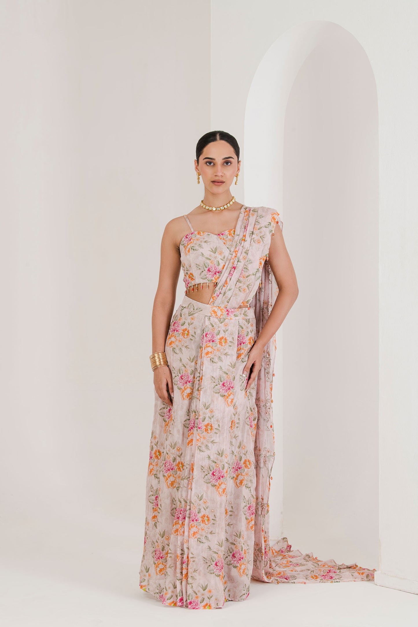 Blush pink floral print pre stitched saree