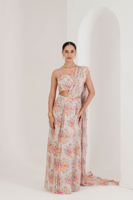 Blush pink floral print pre stitched saree