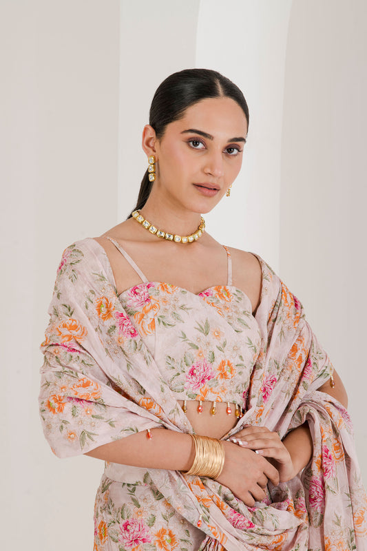 Blush pink floral print pre stitched saree