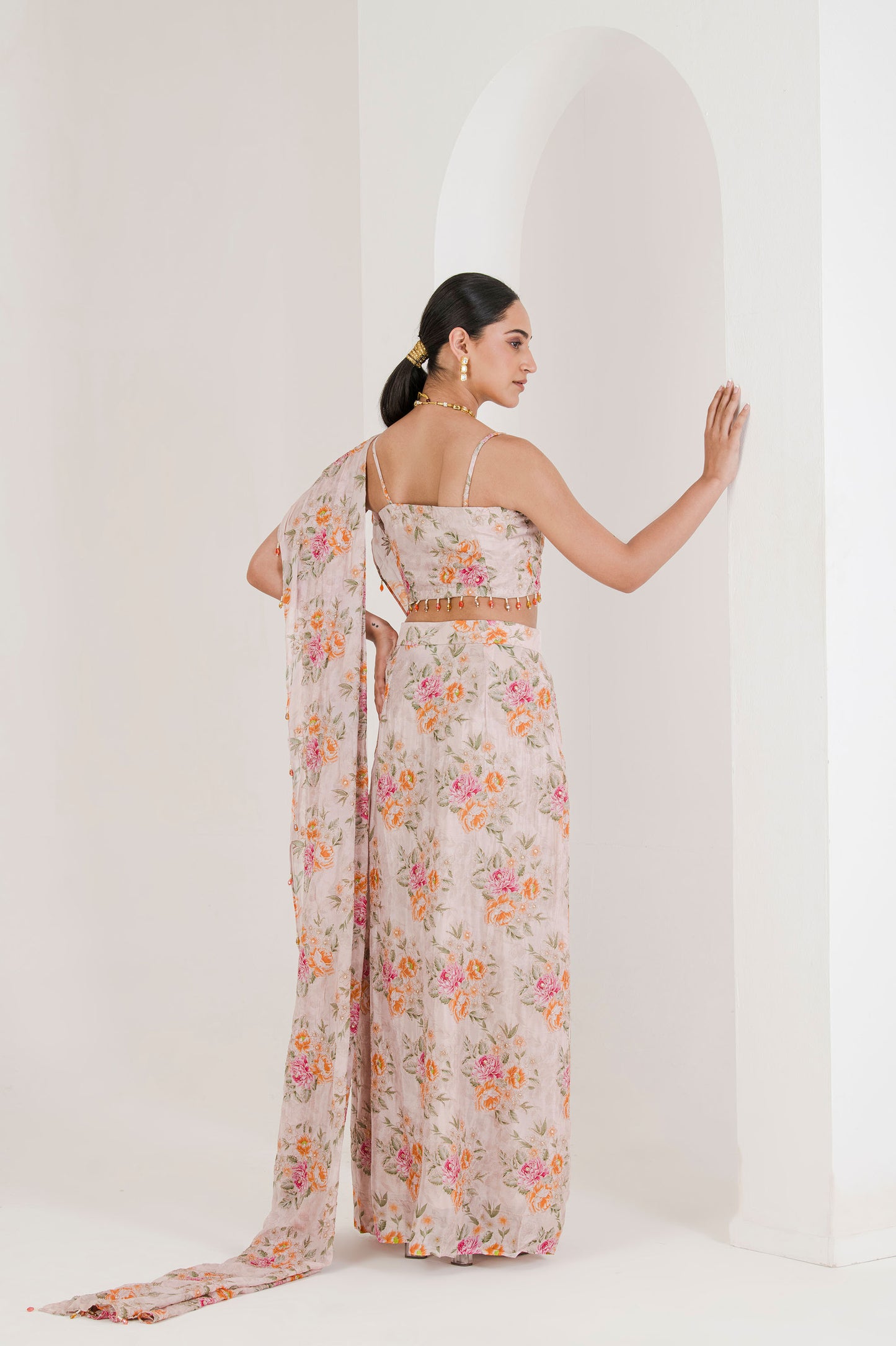 Blush pink floral print pre stitched saree