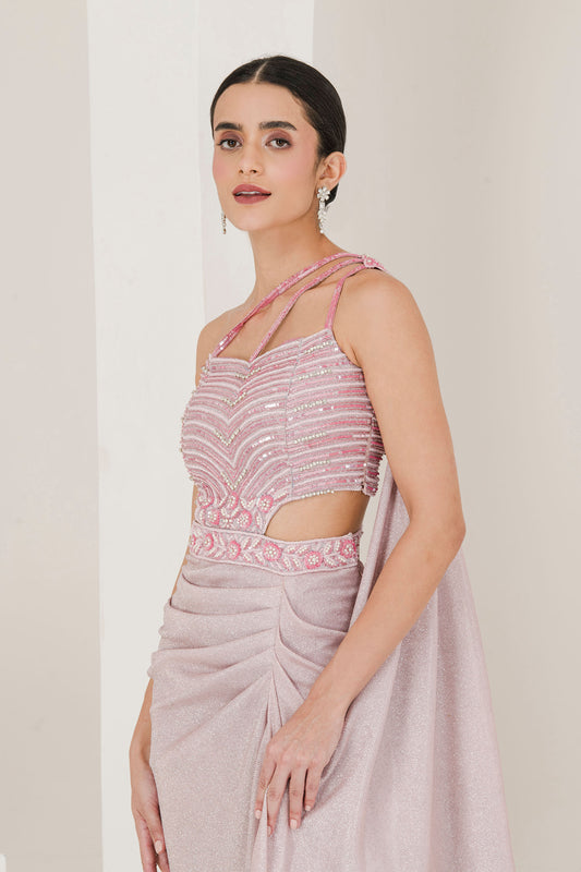 Shimmer pink embroidered pre stitched saree