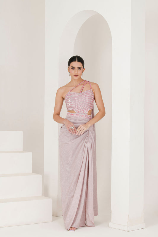 Shimmer pink embroidered pre stitched saree